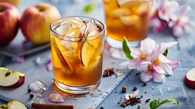 Apple cider with anise and cinnamon in a glass. Selective focus. drink.