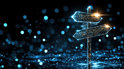 Glowing Blue Signpost with Three Directions in Dark Sparkling Background