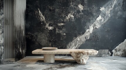 Zen-inspired stone table with natural textures in minimalist setting