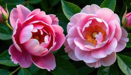 Intricate rose & peony blooms, lush green leaves, spring, print