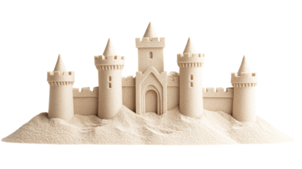 Detailed sand castle, towers, walls, intricate design, sculpture, cut out transparent