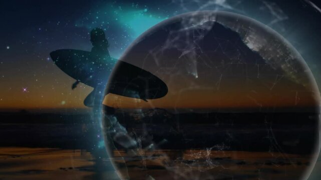 Silhouette of surfer with cosmic animation on beach during sunset