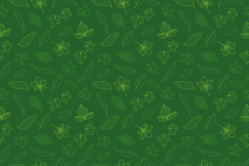 Summer seamless pattern, green tree leaves. Hand drawn. Vector illustration on green background