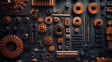 Fototapeta premium Steampunk-inspired layout of gears, bolts and machine parts
