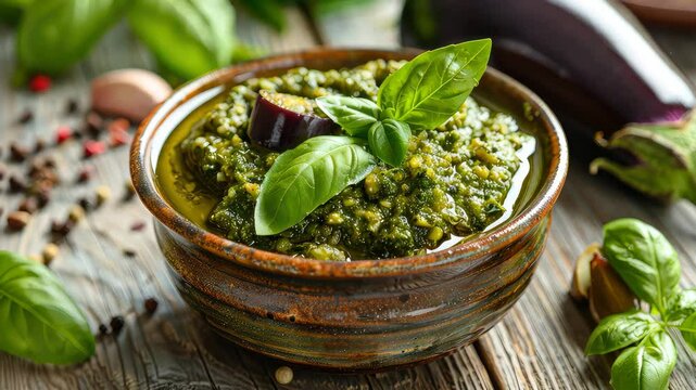 Pesto with basil in a bowl. Selective focus. nature.