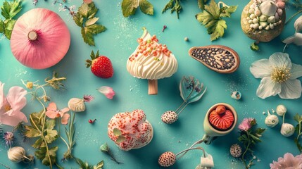 Decorative pastel cupcakes and sweets on vibrant blue background