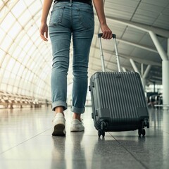 Traveler Walking with Rolling Suitcase in Motion Through Busy Corridor