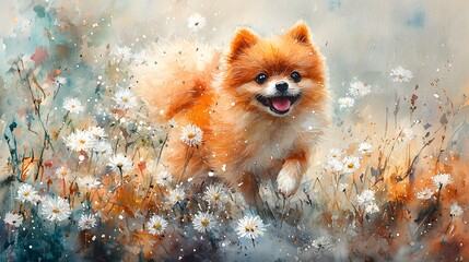 Obraz premium Happy Pomeranian dog in daisy field, watercolor art