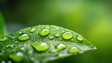 A close-up of water droplets on the edge of a green leaf, symbolizing nature's refreshing presence. Ai generated