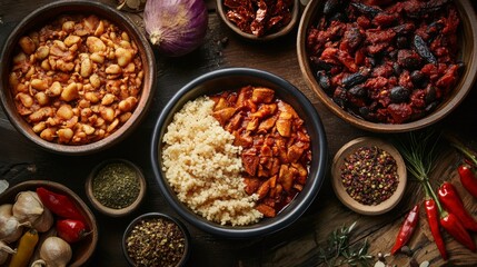 Assorted spices and legumes in bowls on rustic background