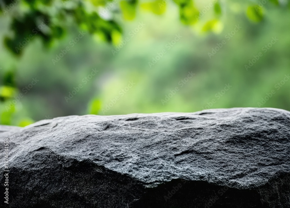 Poster Empty granite rock displaying products with blurred green forest background