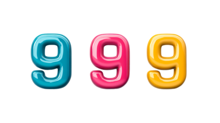 Glossy 3D Nines in Teal, Pink, and Yellow, cut out transparent