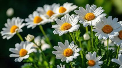 Fototapeta premium A group of white daisies with yellow centers, vibrant and colorful, macro photography, detailed close-up, sunny day. Ai generated