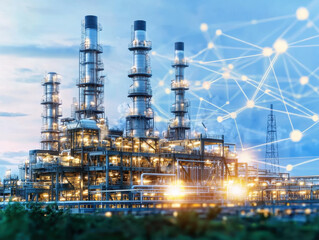 Illuminated Industrial Refinery at Night with Network Connections