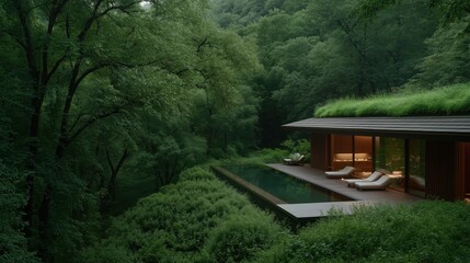 Naklejka premium A modern house nestled among the trees, with a pool in front and green roof, showcasing luxurious escape