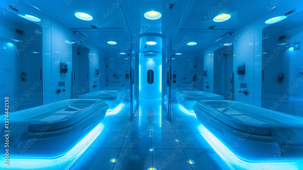 Poster This High-tech chambers designed for cryosleep, emphasizing biotechnology and space exploration.