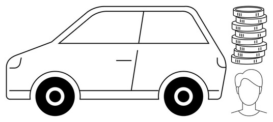 Compact car sketch beside coin stack and human silhouette suggesting affordability, automobile purchase, leasing, or financial planning. Ideal for transportation, economy, savings, finance, vehicle