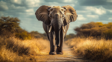 A majestic elephant, walking along the path of an African savannah, with its powerful trunk raised and tusks dripping as it moves towards the camera. Ai generated