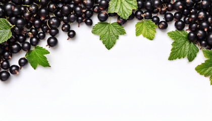 Black currant season mockup, summer theme border, with free space for text. White plane background, red ripe berries with leaves on the upper border.	