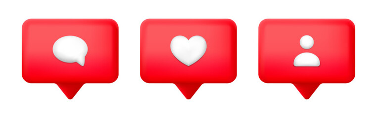 Set of icons for notifications in social network about a new like, comment, follower. Vector illustration in 3D style