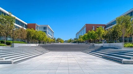 A quiet, empty university plaza with wide stairs and towering modern buildings, all under a clear blue sky 