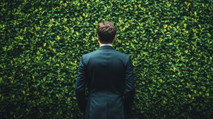 Fototapeta premium Businessman facing green wall with suit and serious posture