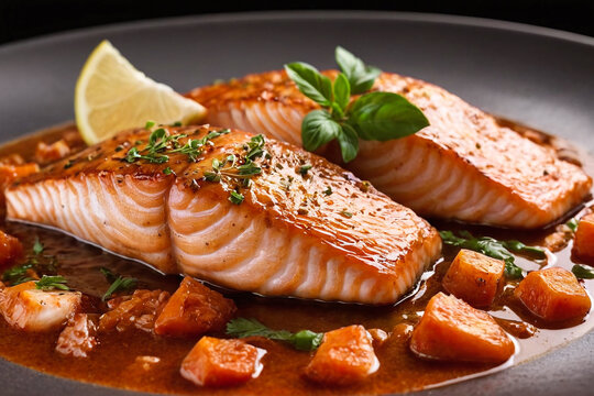 Gourmet Grilled Salmon Fillet - Fine Dining Seafood Dish with Fresh Herbs, Lemon and Rich Glaze