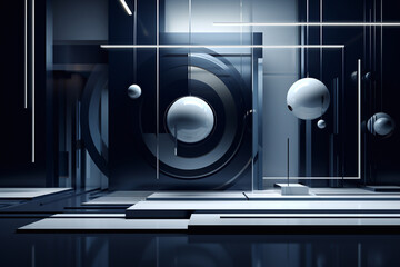 A modern abstract background featuring a black minimalist design with geometric lines and spheres, creating a sophisticated and futuristic aesthetic
