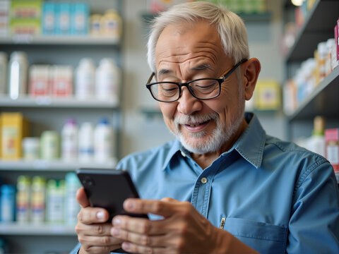 A senior man enjoys using technology to stay connected and informed, showcasing the integration of aging and digital advancements in everyday life and health management