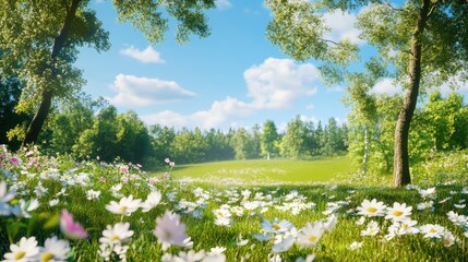 Bright and Vibrant Meadow Landscape with Wildflowers and Trees