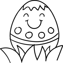 Easter doodle illustration clipart. Smiling decorated egg peeking through grass.