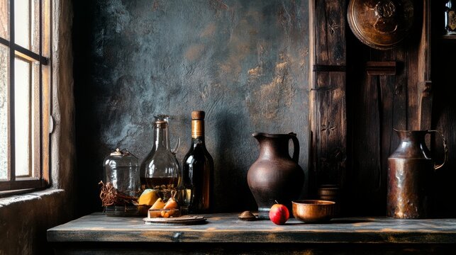 Dark kitchen shelves with rustic pottery and bottles