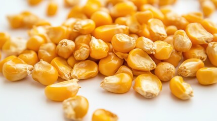 Fototapeta premium Close-up of golden yellow dried corn kernels on a bright white background