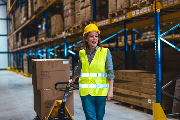 Warehouse Worker Handling Goods With Pallet Truck in Storage Facility