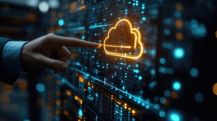 Businessperson Interacting With Glowing Cloud Symbol On Screen