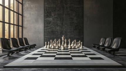 Chess board and chairs in surreal conference room setting