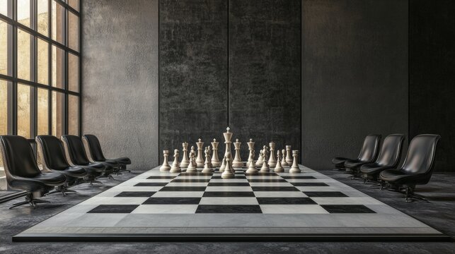Chess board and chairs in surreal conference room setting