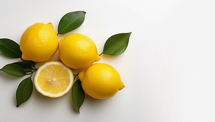 Lemon season mockup, summer theme, free space for text. White plane background, fruit and leaves, flat lay.