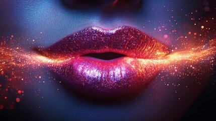 Shimmering lips. Bright, magenta, and gold sparkles create an otherworldly effect