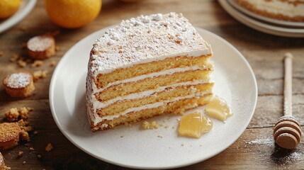 Slice of lemon layer cake with powdered sugar, refreshing, served on a plate against a rustic wooden surface with lemon wedges and a honey dipper