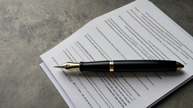 A flat lay of legal contracts and a sleek fountain pen arranged on a neutral surface. digital