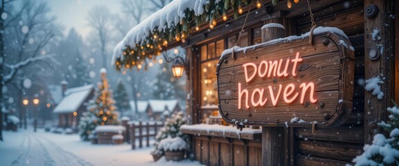 Obraz premium Rustic wooden donut shop sign with steaming coffee in the background. Bokeh lights enhance the festive and warm atmosphere in the
