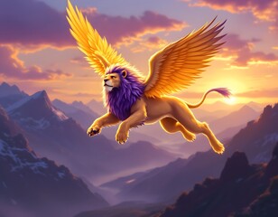 Fantasy Creature Soaring Above Mountains at Sunset with Golden Wings Illustration