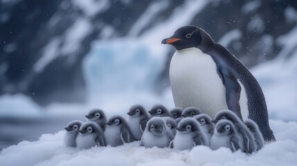 Obraz premium Emperor Penguin With Chicks On Snow