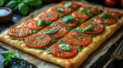 Rectangular Pesto Tomato Flatbread with Fresh Basil