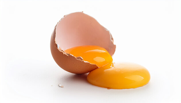 Cracked eggshell with yolk spilling out isolated on white background. Farm food. Natural product.