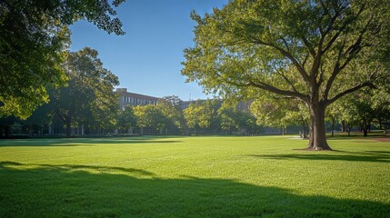 Fototapeta premium An empty campus green at noon, with a lone tree and architectural buildings in the background, peaceful and still 