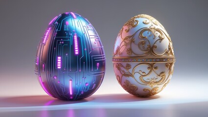 A high-tech, cyberpunk egg and a richly decorated, antique-inspired Fabergé egg 