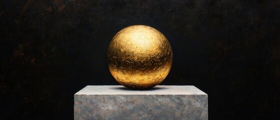 Golden Sphere on Grey Cube Abstract Still Life Painting Rich Texture Dark Background