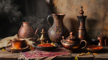 Traditional tea set with ornate pots and spices